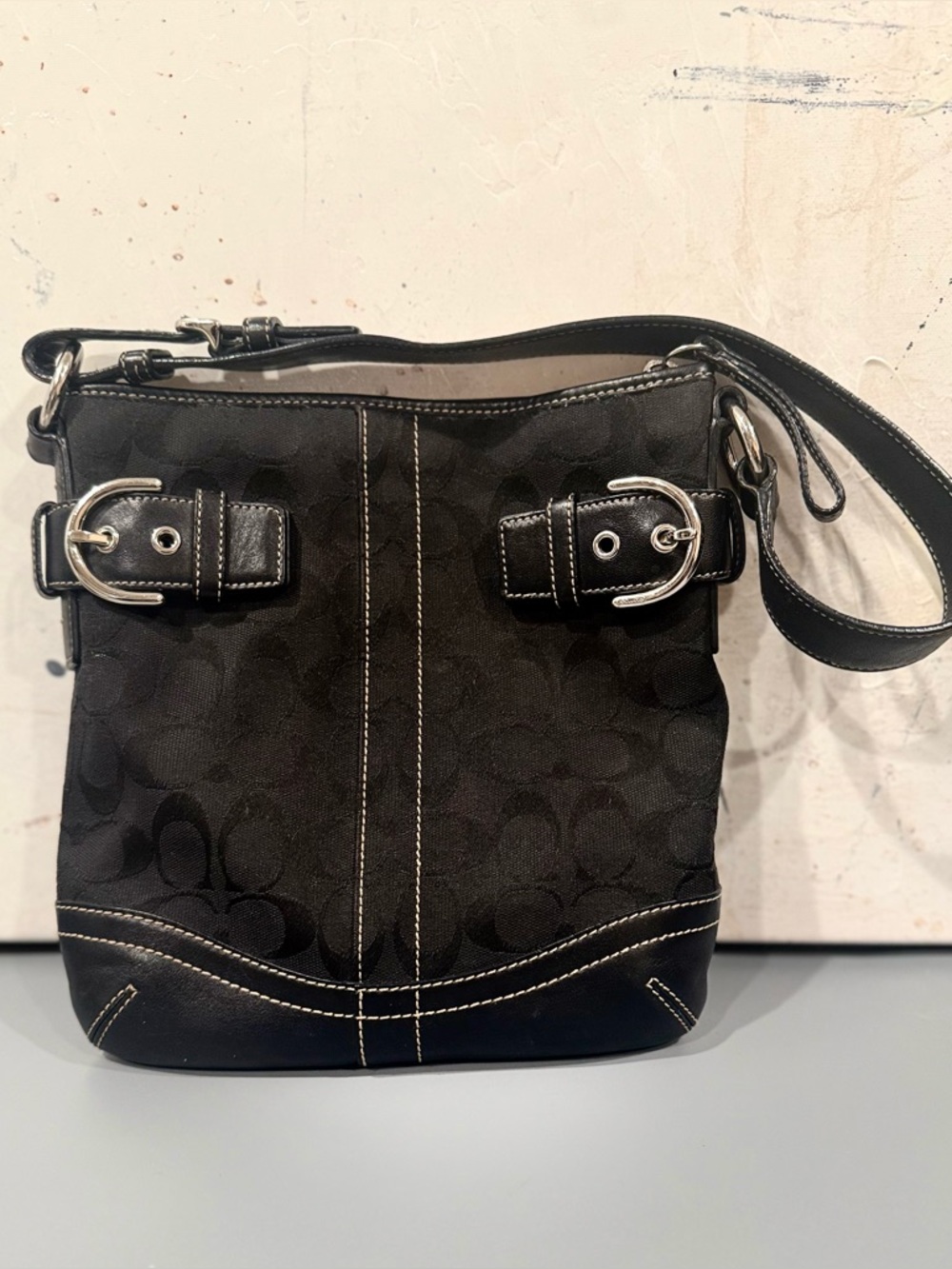 Vintage Coach Black Jacquard Soft Duffel Shoulder bag Monocgram w/ Leather EUC